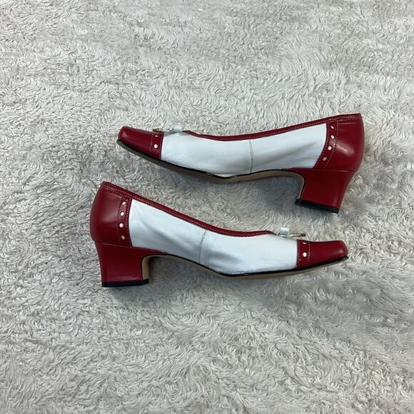 Vintage 90s Ros Hommerson red white saddle shoe low heeled square toe pumps, 6 - Picture 7 of 10